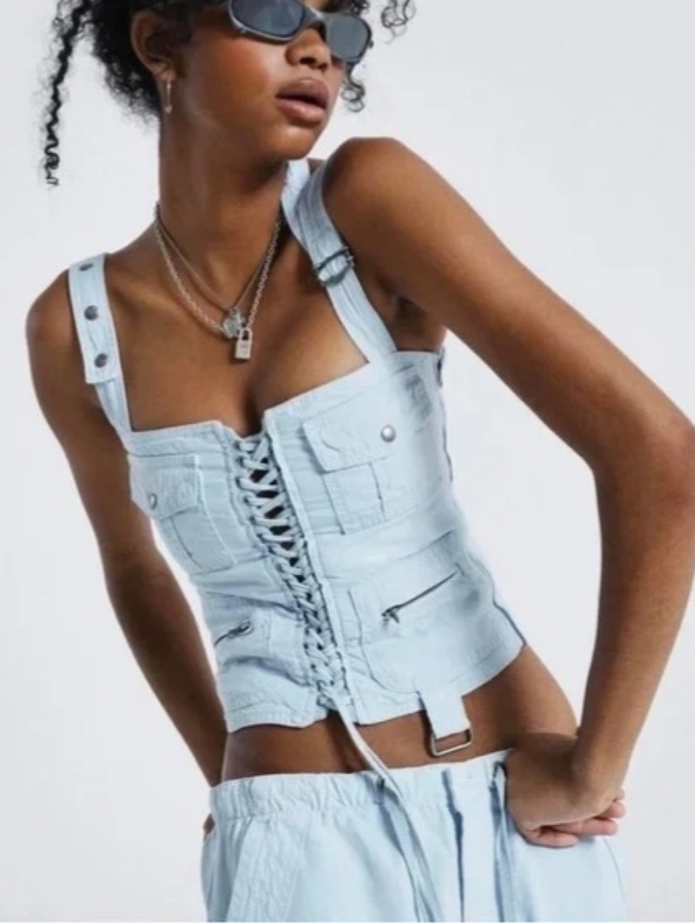 Jaded London ECRU Cargo Denim Light baby Blue Lace-Up Corset Top Adjustable